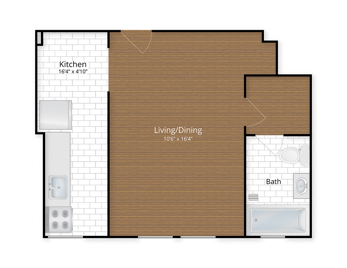 Floor plan for studio, 1 bath, 438 sqft